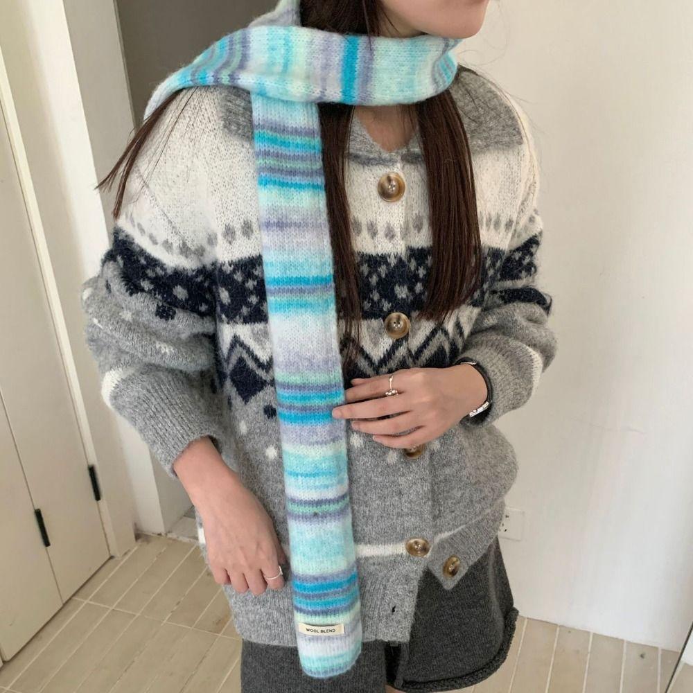 Thickened Rainbow Striped Scarf Korean Style Winter Shawl Cashmere Knitted Scarf Autumn Winter