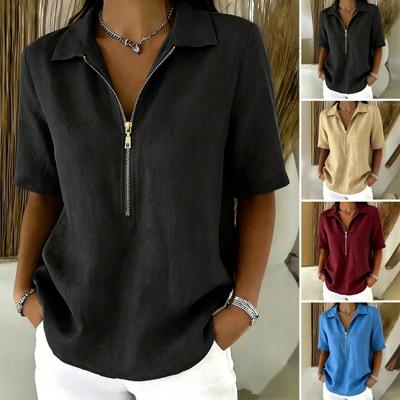 Women Tops Lapel Zipper Half Placket Short Sleeve Pullover Tops Regular Fit Pure Color Casual Blouse Parties Vacations Daily Wear