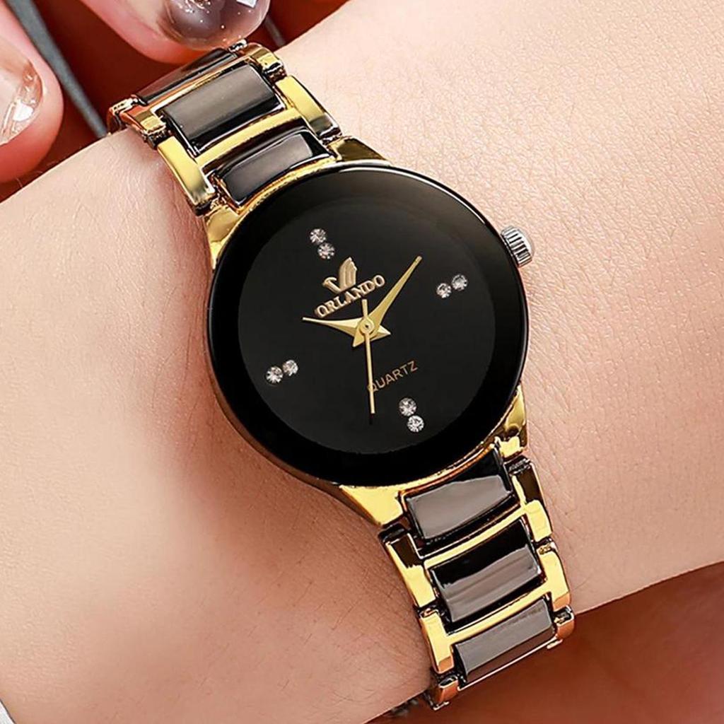 Women's Black Gold Quartz Watch with Versatile Steel Band