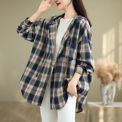 Autumn Cotton and Linen Large Size Literary Plaid Long-sleeved Hooded Shirt Top Women