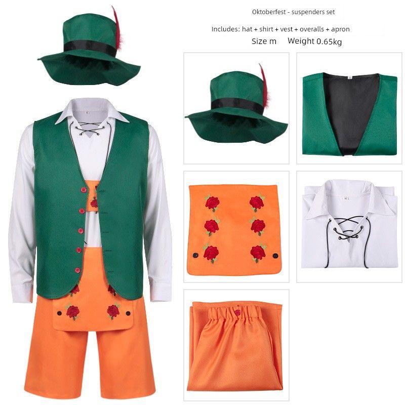 

Halloween Carnival German Oktoberfest Costume Set Bavarian Men s Outfit with Straps and Pants Green and Orange Hooded Suspender Suit S