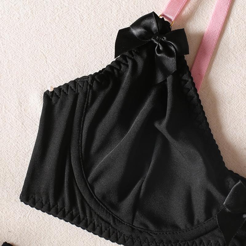 Spitzen-Farbblock-Dessous-Set: Bügel-BH, String und Strapsgürtel mit Schleife