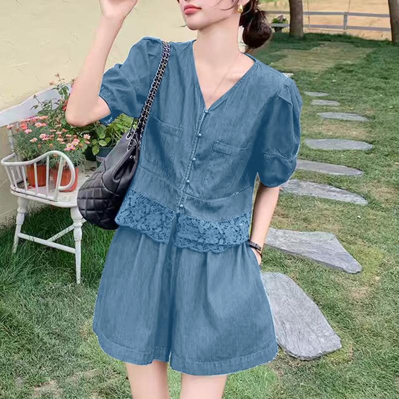 ZANZEA Women Lace Patchwork Short Sleeve Blouse and Shorts Summer Two Piece Suit Sets
