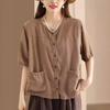 Retro Literary Open-front Cardigan Linen Shirt Summer Pocket Design Women's Casual Ethnic Style Short Sleeve Temperament