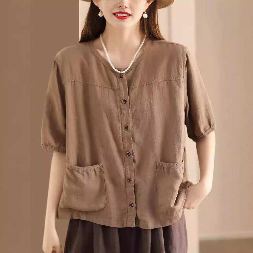 Retro Literary Open-front Cardigan Linen Shirt Summer Pocket Design Women's Casual Ethnic Style Short Sleeve Temperament