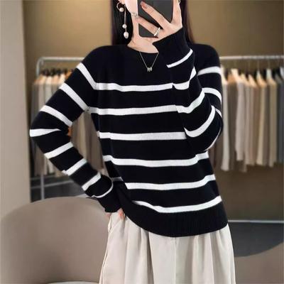 Striped Crew Neck Wool Sweater Design Sense Retro and Thin Sweater Top with Knitted Sweater Inside and Knitted Sweater Outside