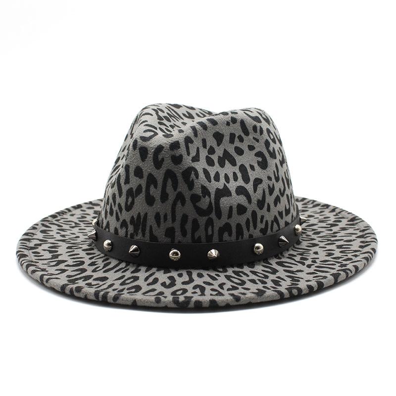 Leopard Print Top Hat, Jazz Hat, Men'S And Women'S Woolen Rivet Top Hat, Flat-Brimmed Big Eaves Hat.