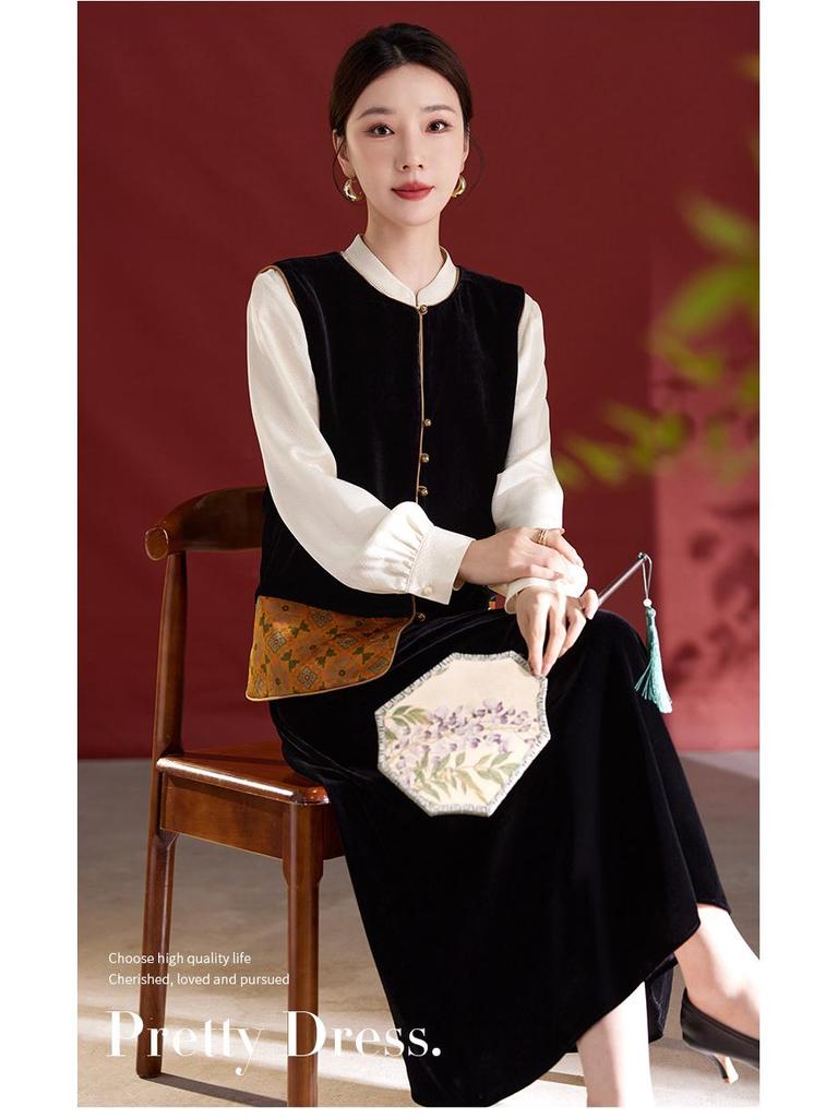 Xiangyunsha Women's Retro Silk Velvet Color Block Vest 1737