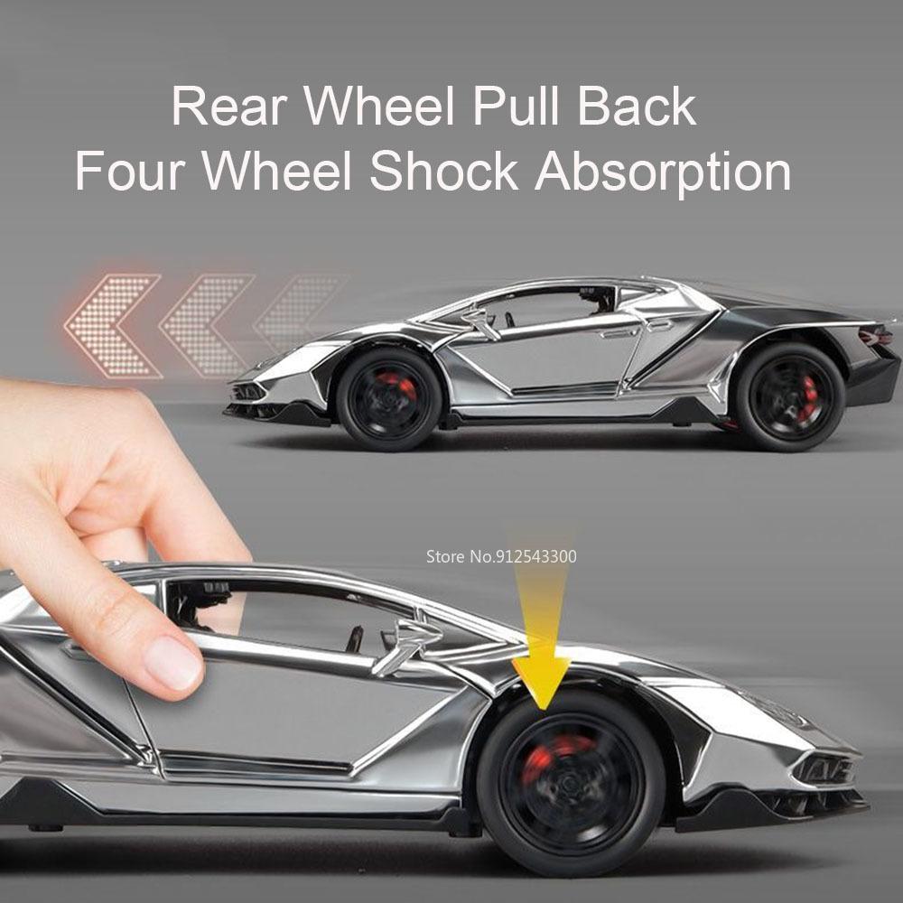 1:24 Scale LP770 Revuelto Sports Car Model Toy Adjustable Tail Fin Sound Light Shock Absorption Models Kids Holiday Presents