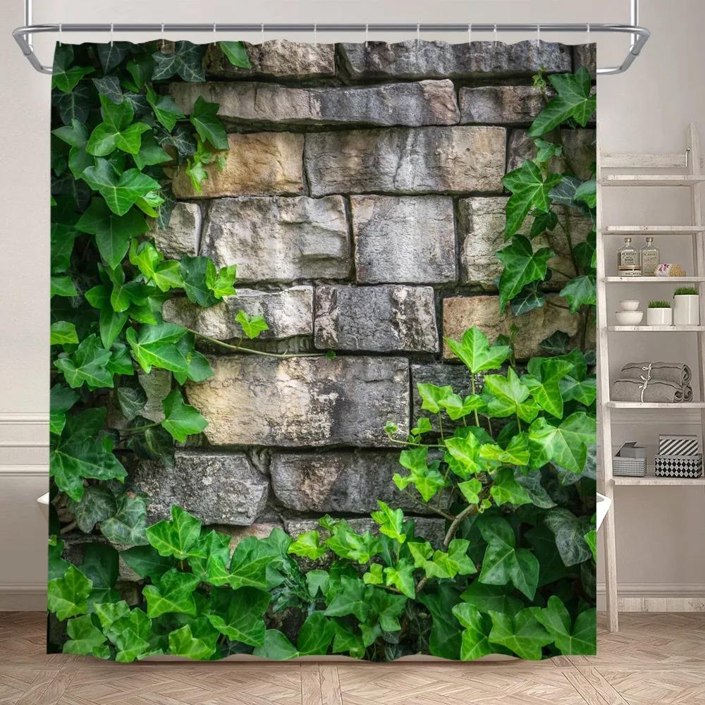 Green Ivy And Old Stone Of Wall Shower Curtain Nature Bathroom Extra Long Waterproof Washable Polyester Fabric For Bathtub Decor