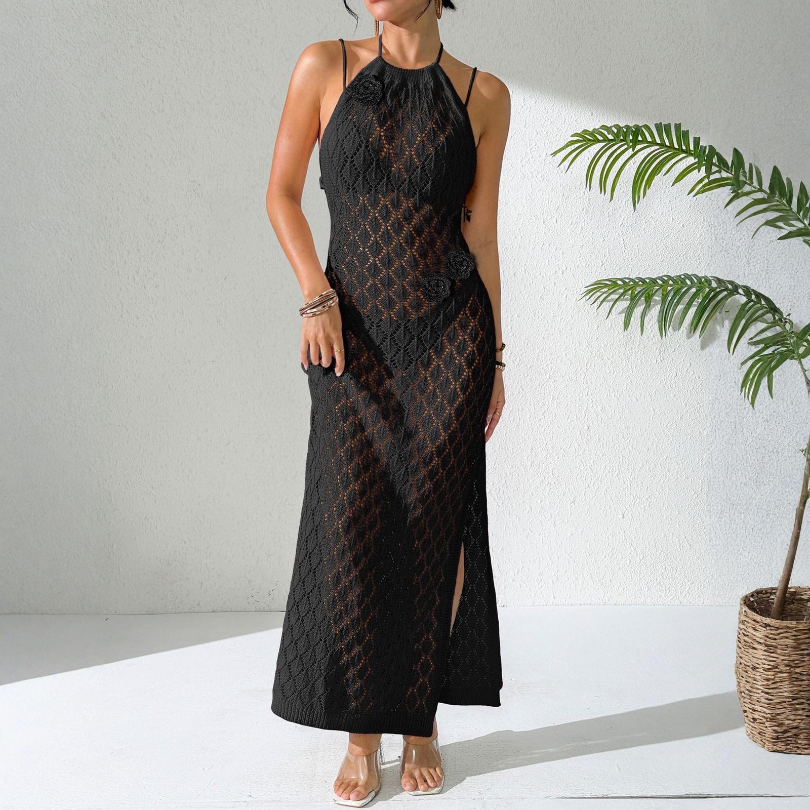 Модное женское пляжное ажурное парео, сексуальное платье с открытой спиной на бретельках L чёрный