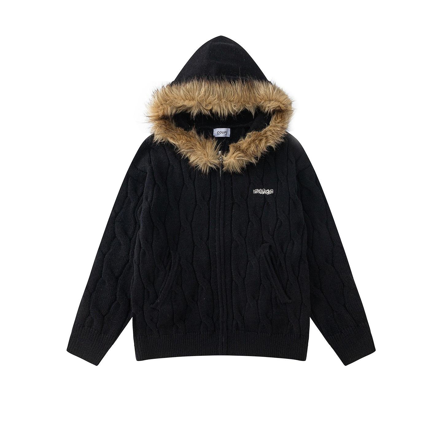 Retro twisted fur collar hooded cardigan sweater men s and women s autumn and winter trendy brand loose couple casual knitted sweater jacket M