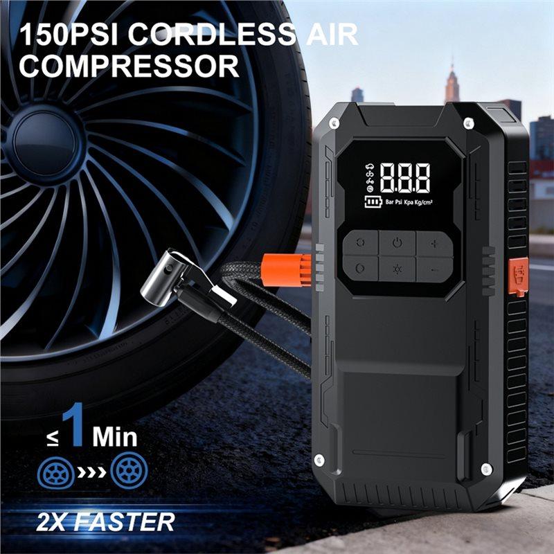 AT92-Car Emergency Battery Booster With Intelligent Clamp, Tire Inflation, And Jump Starter Functionality