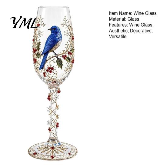 Decorative Desktop Ornaments Hand-painted Wine Glass, Bird And Floral Pattern Design Stem Goblet, Drinking Cups Artistic Crystal Borosilicate