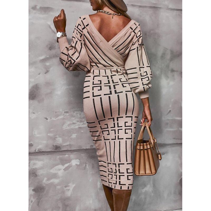 Womens Deep V Neck Dresses Retro Dresses Print Long Sleeve Bodycon Dress Plus Size