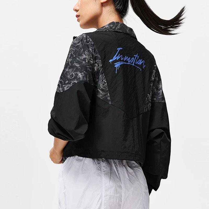Li Ning Fitness Series Full Print Short Loose Sports Windbreaker Women Outerwear Black AFDT498-3