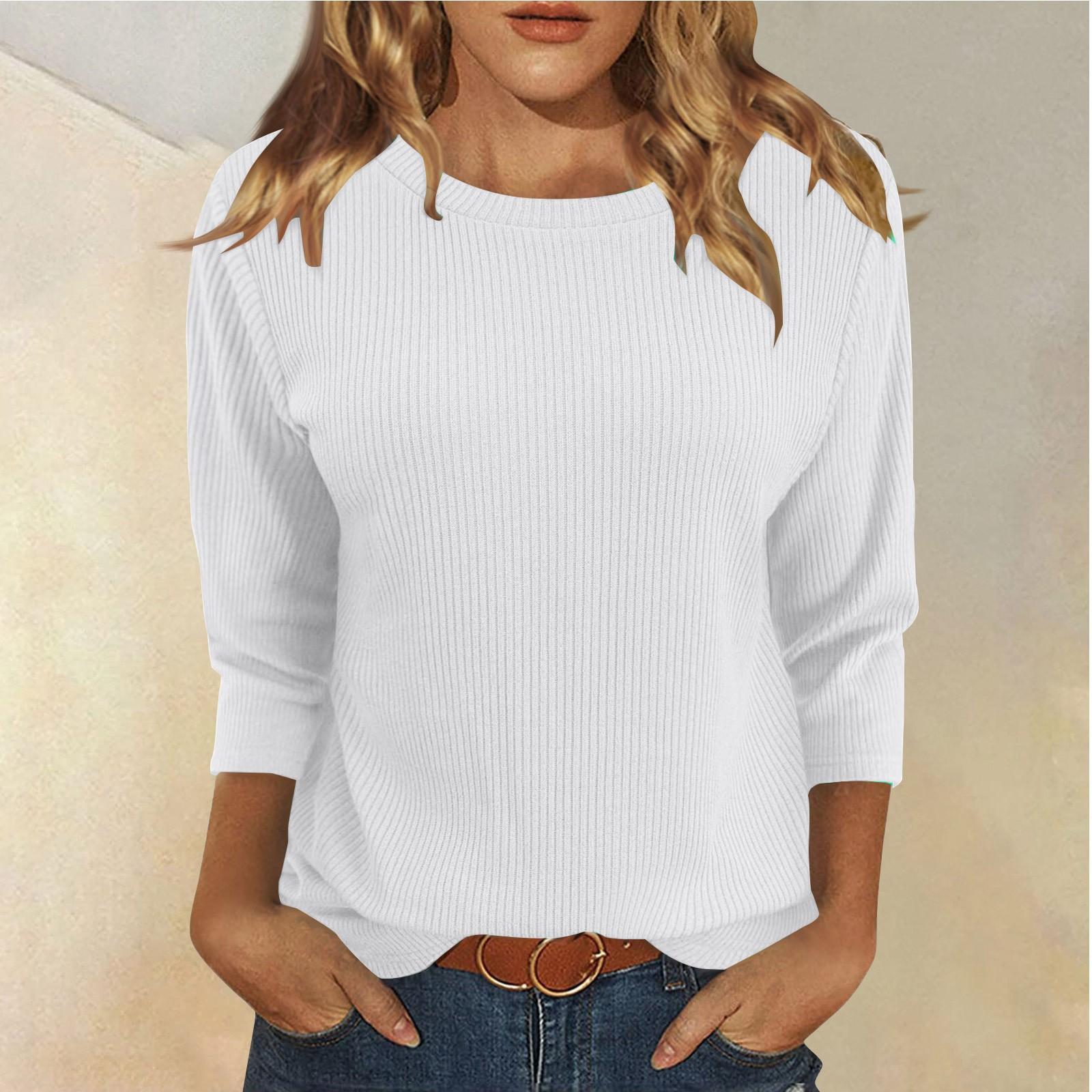 

Жіноча модна та зимова повсякденна футболка з круглим вирізом і ребрами, суцільний колір, три чверті, жіночий одяг XL білий