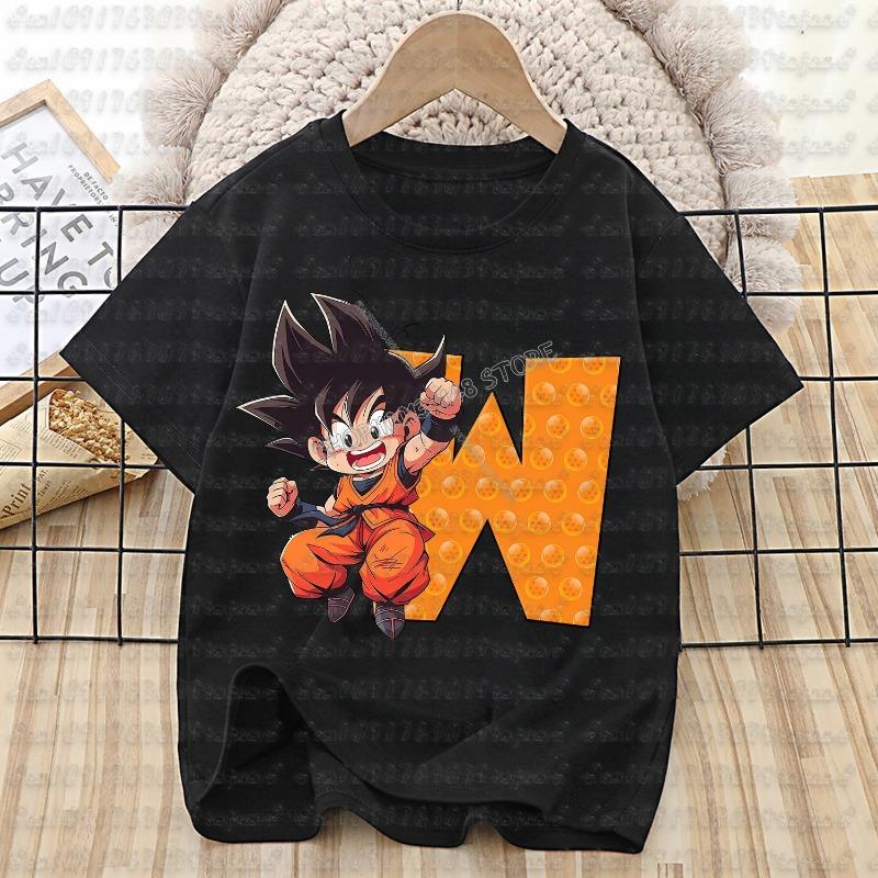 Dragon Ball Goku T-shirt Cotton Children A-Z Letter Tee Top Black Round Collar Clothing Boys Girl Summer Short Sleeve Kids