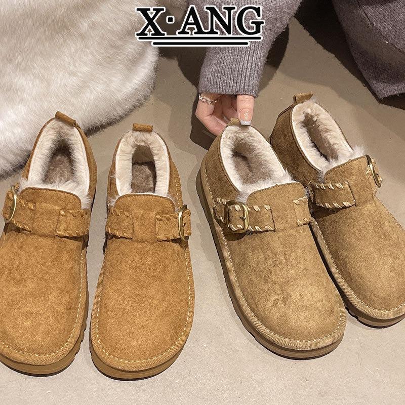 Cowhide All-inclusive Women's Velvet Thickened Thermal Cotton Shoes Winter Wool Snow Boots One Pedal Fluffy Shoes