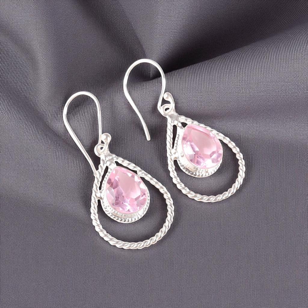 Morganite Gemstone 925 Sterling Silver Jewelry Handmade Earrings 1.70" For Gift EE-96-13
