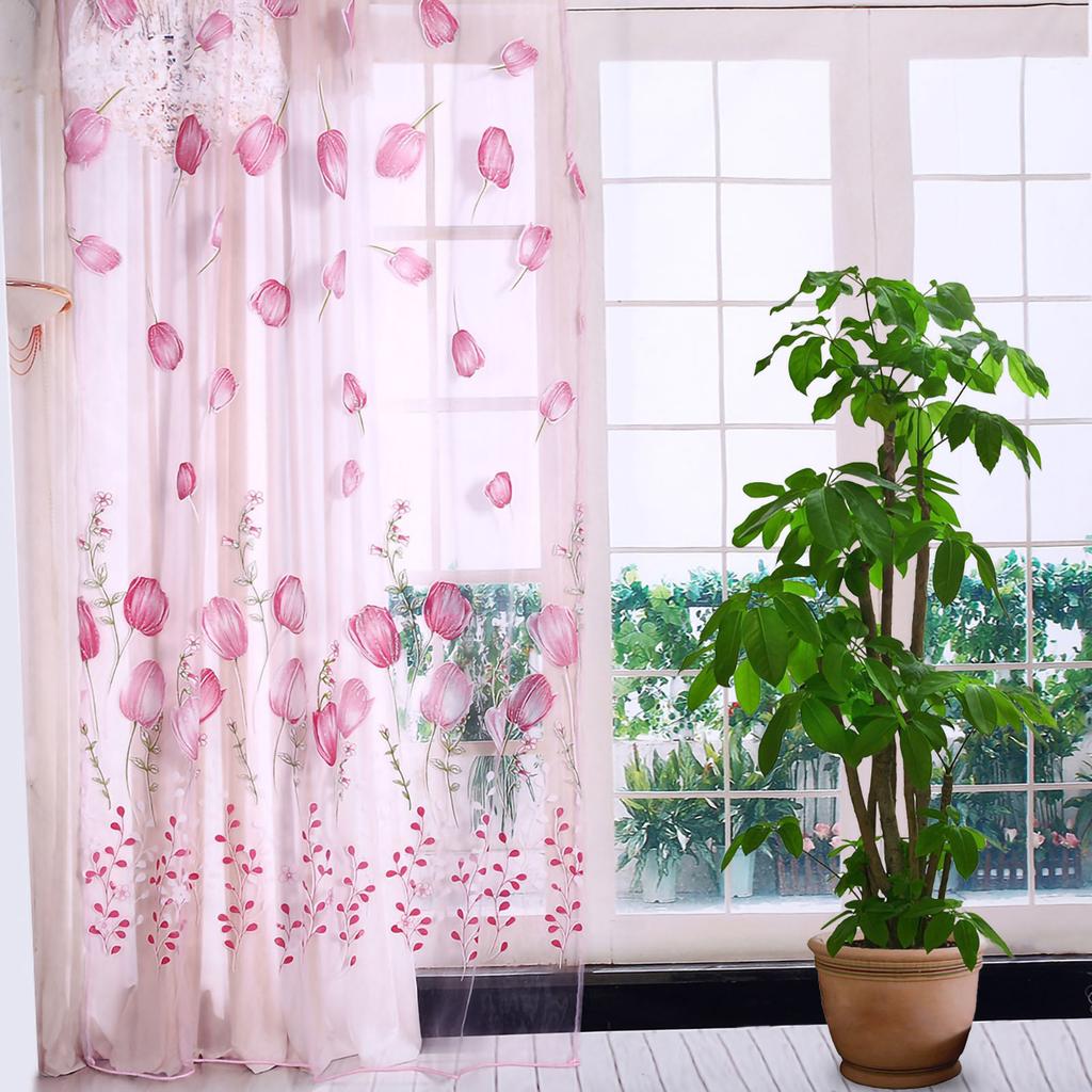 100*200cm Colorful Tulips Printing Tulle Curtains Sheer Drape Balcony Window Decoration