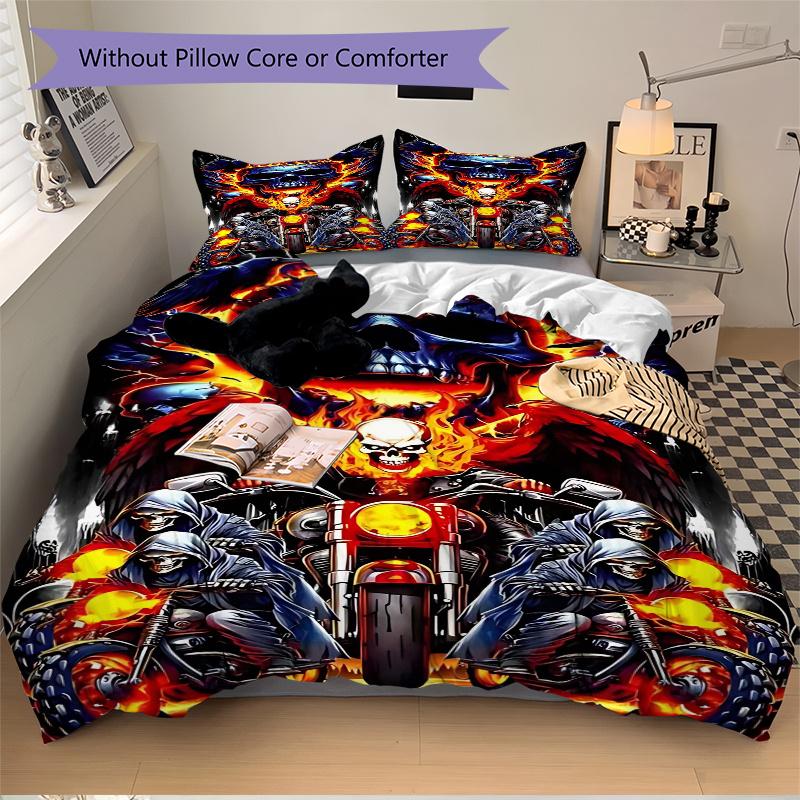 3pcs Ghost Rider Motorcycle Skull Decorative Bedding Set - Includes One Quilt Cover and Two Pillowcases (No Core) - Anime Cartoon Design for Bedroom a