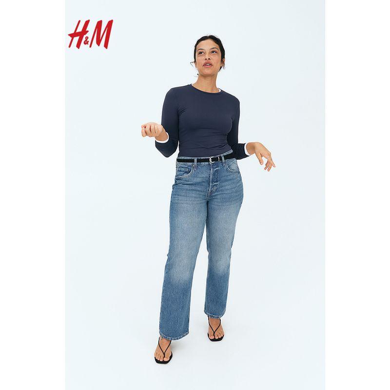 

HM Women s t-shirt Summer Elastic round Neck Soft and Comfortable Casual Jersey Base Top 1191700 Navy blue 150/76(XXS)