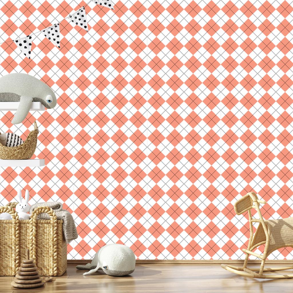 Wallpaper Basic Retro Check Coral, White, and Light Gray 50x1000