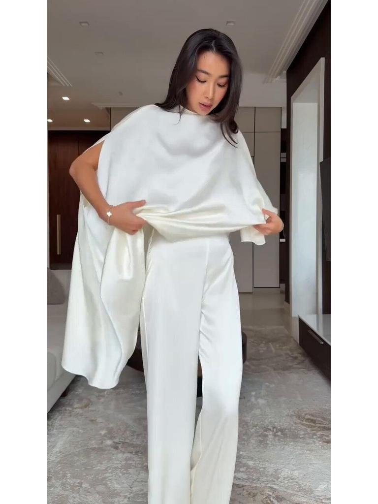 2026 Spring White Wide-Leg Pants Suit: Casual Two-Piece with Irregular Design