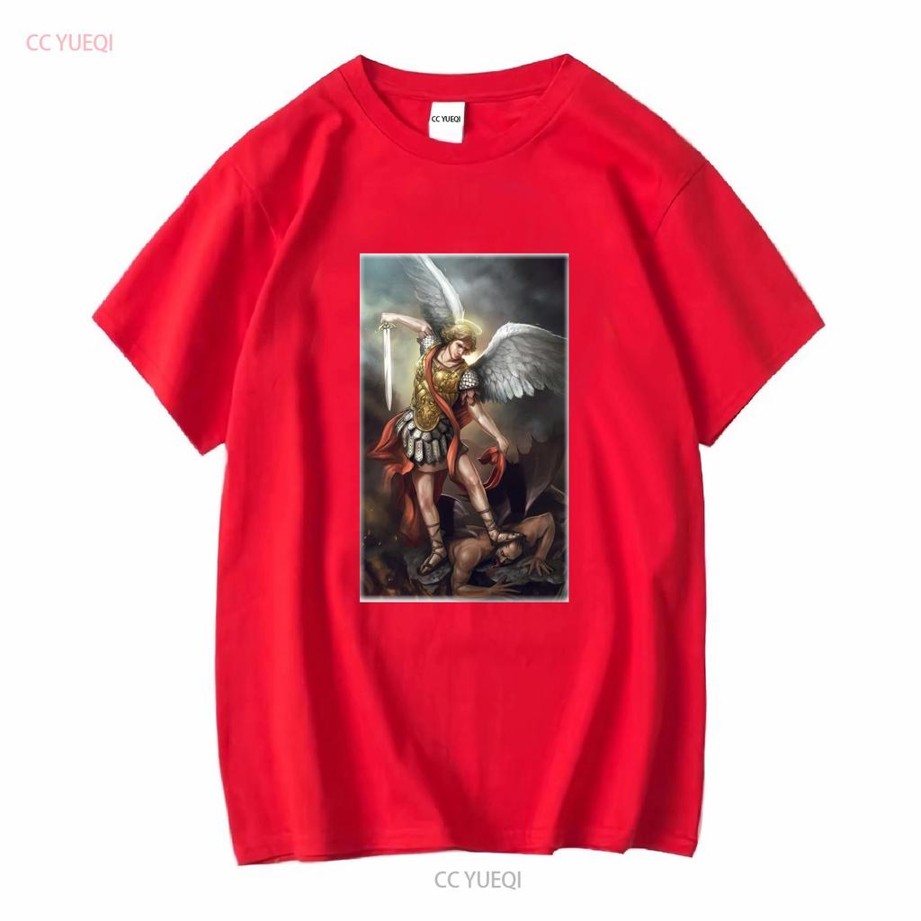 Catholic Natural T Shirt Saint Michael Archangel V11 Vintage Sizes S 5XL Vintage Washed Homme Fashion Soft Breathable