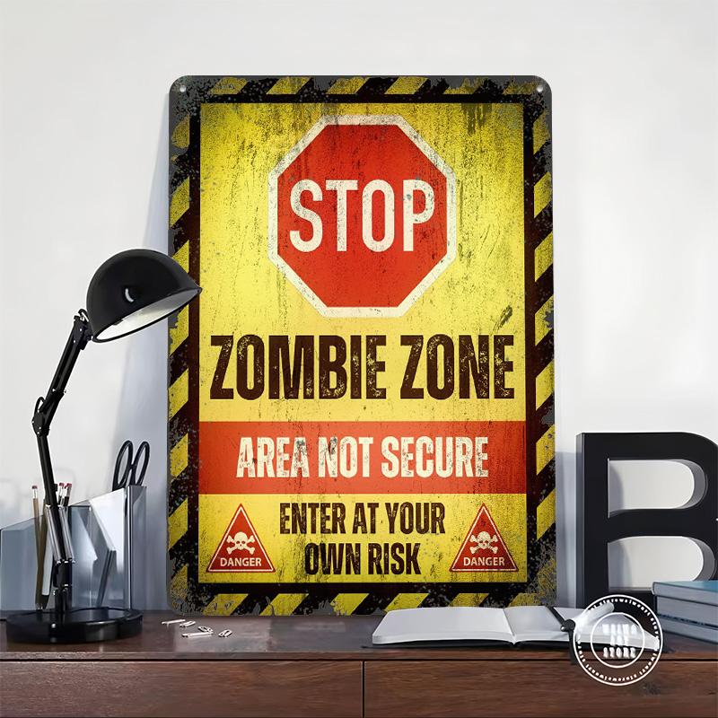 Zombie Zone Warning Sign Printed Poster Customized Wall Art Retro Vintage Metal Tin Signs for Gamer Decoration Room Home Decor