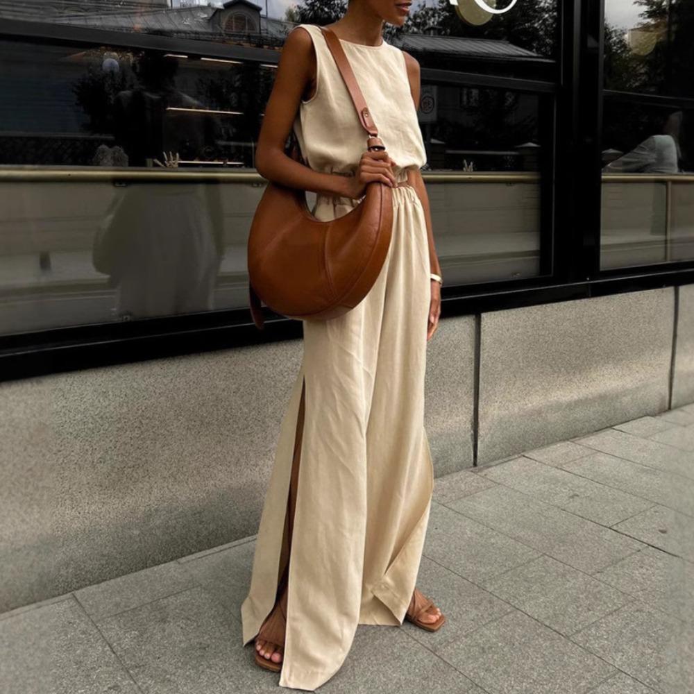 European and American cotton-linen solid color set, spring/summer casual women's vest, slit pants two-piece set