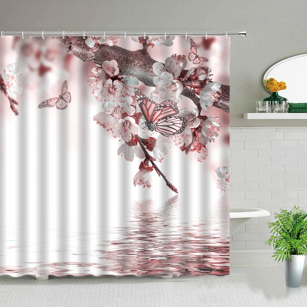Pink Flower Plant Scenery Shower Curtains Rose Tulip Butterfly Spring Landscape 3d Printing Bathroom Waterproof Bath Curtain Set