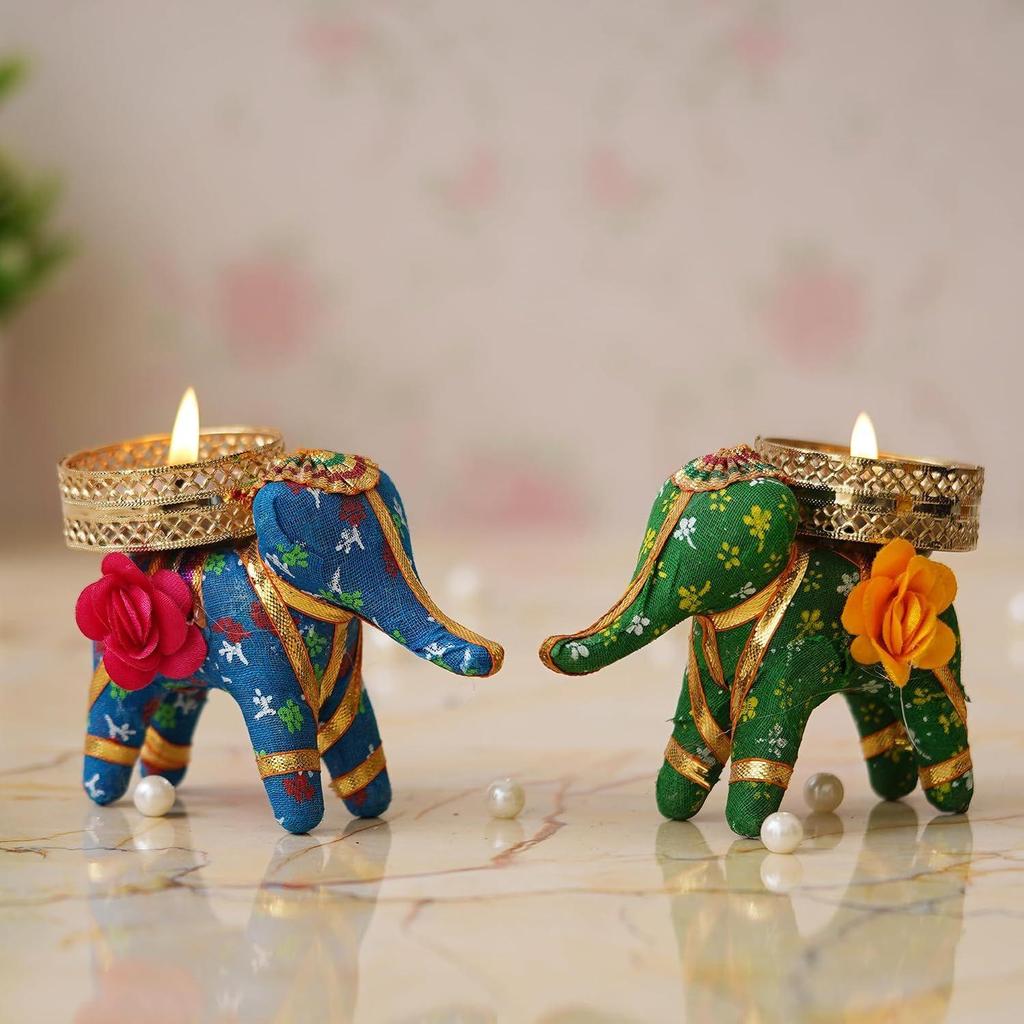 Blue and Green Elephant Decorative Tea Light Candle Holders (Set of 2) - Exquisite Home Decor for Living Rooms