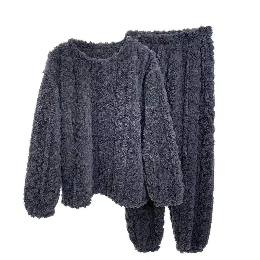 Winter 2023 Solid Color Jacquard Pajamas Set - Women's Thick Warm Loungewear for Couples