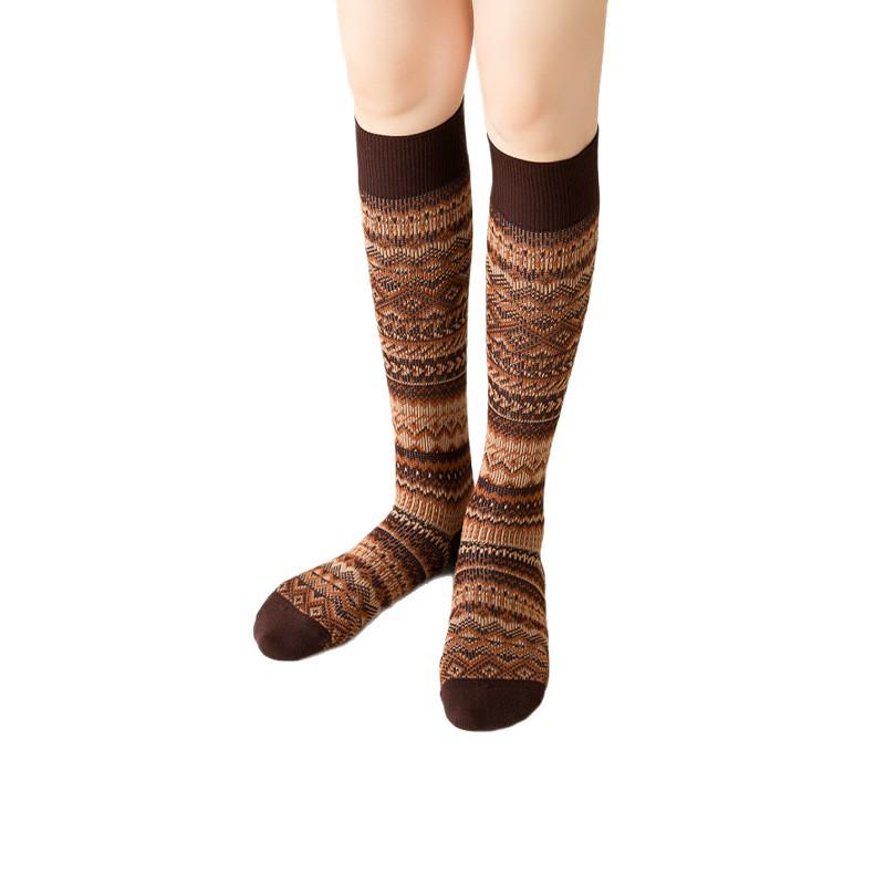 Double Needle Retro Ethnic Style Calf Socks - Warm, Trendy, Slimming Striped High-Top Cotton for Autumn & Winter