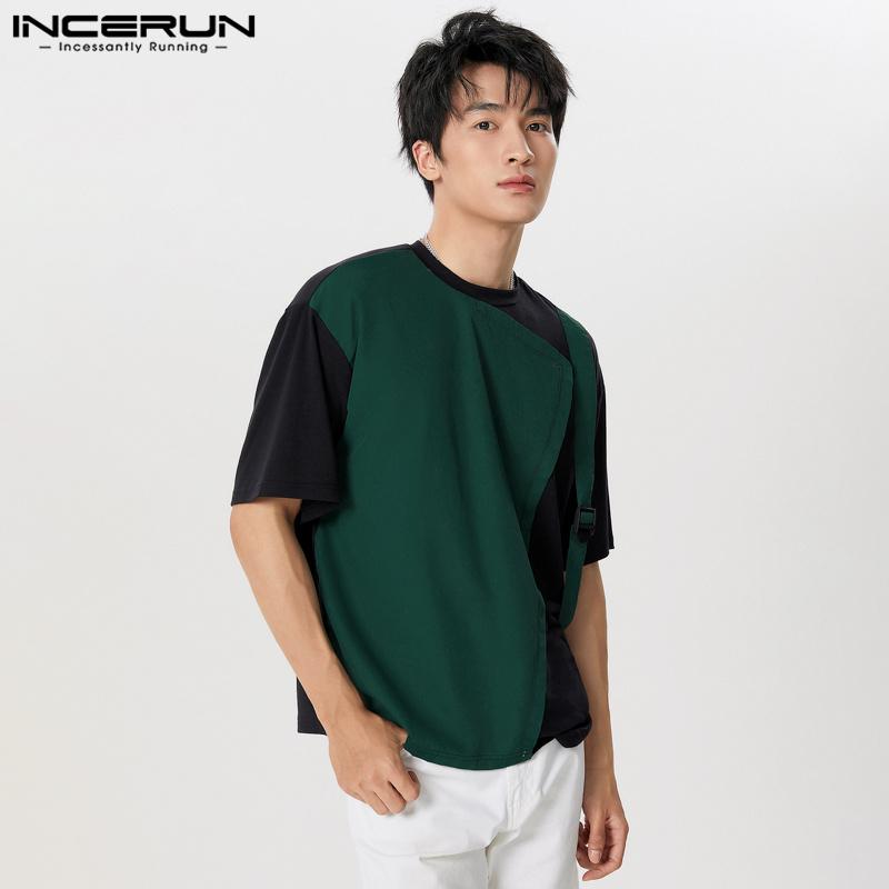 INCERUN Men O Neck Short Sleeve Tops Summer Patchwork T-shirts