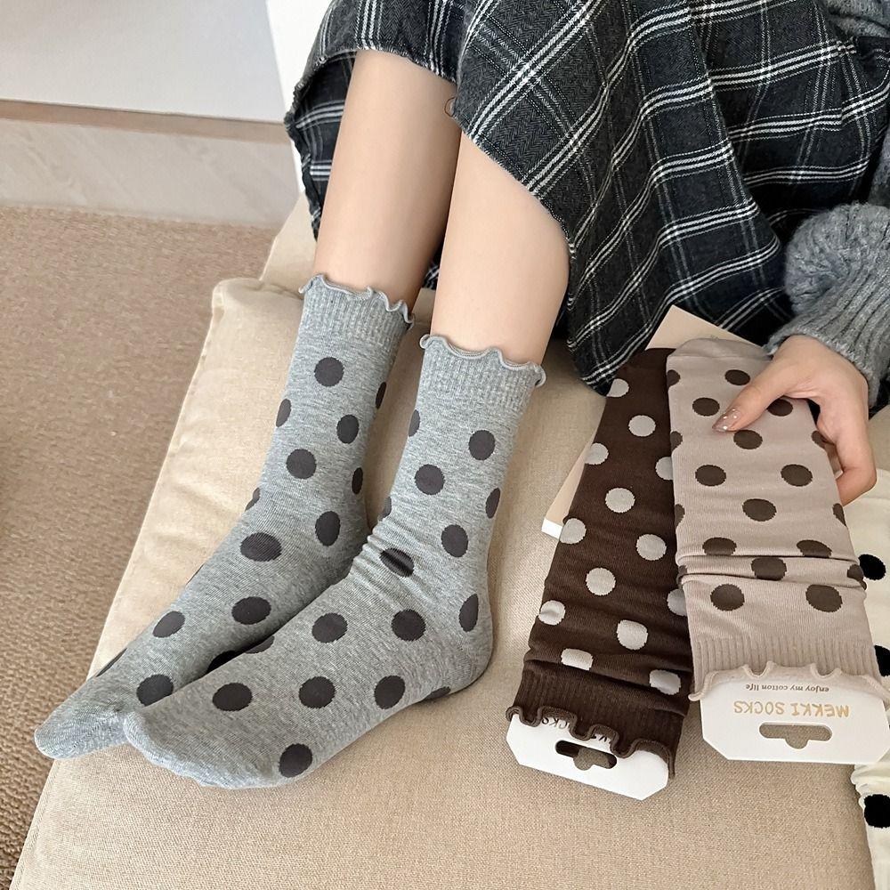 

5Pairs Sweet Knitted Mid Calf Socks Curled Hem Spotted Stockings Cute Ruffle Tube Socks Girls 5Pairs
