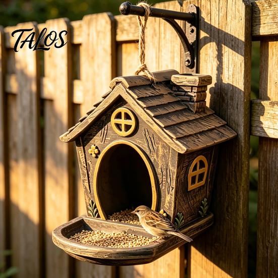 Wild Bird Gift for Gardeners House Shape Hanging Feeder Outdoor Garden Decor, Weatherproof Resin Backyard Watching Supplies with Large Capacity Tray &