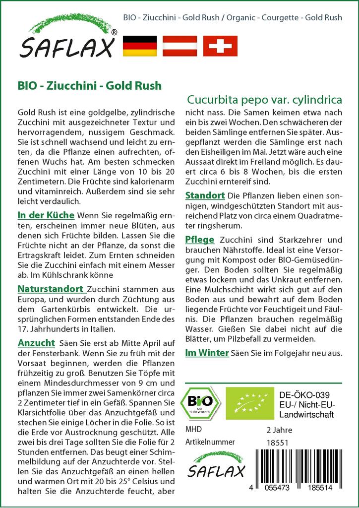 SAFLAX Zahrada v sáčku - Bio - Cuketa - Zlatá horečka - 5 semen - Se substrátem v padnoucím sáčku - Cucurbita pepo