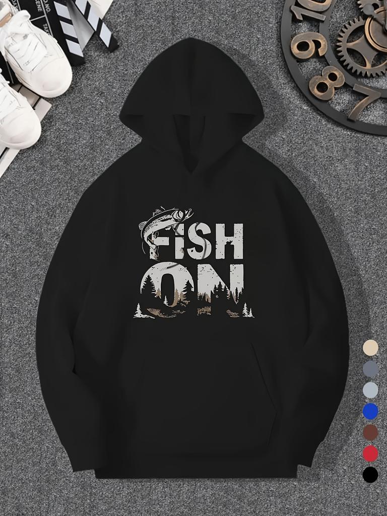 Fish On Bass Forest Scenery Retro Print Men Hip Hop Sports Hoodie, Outdoor Angler Casual Comfort Loose Sweatshirt