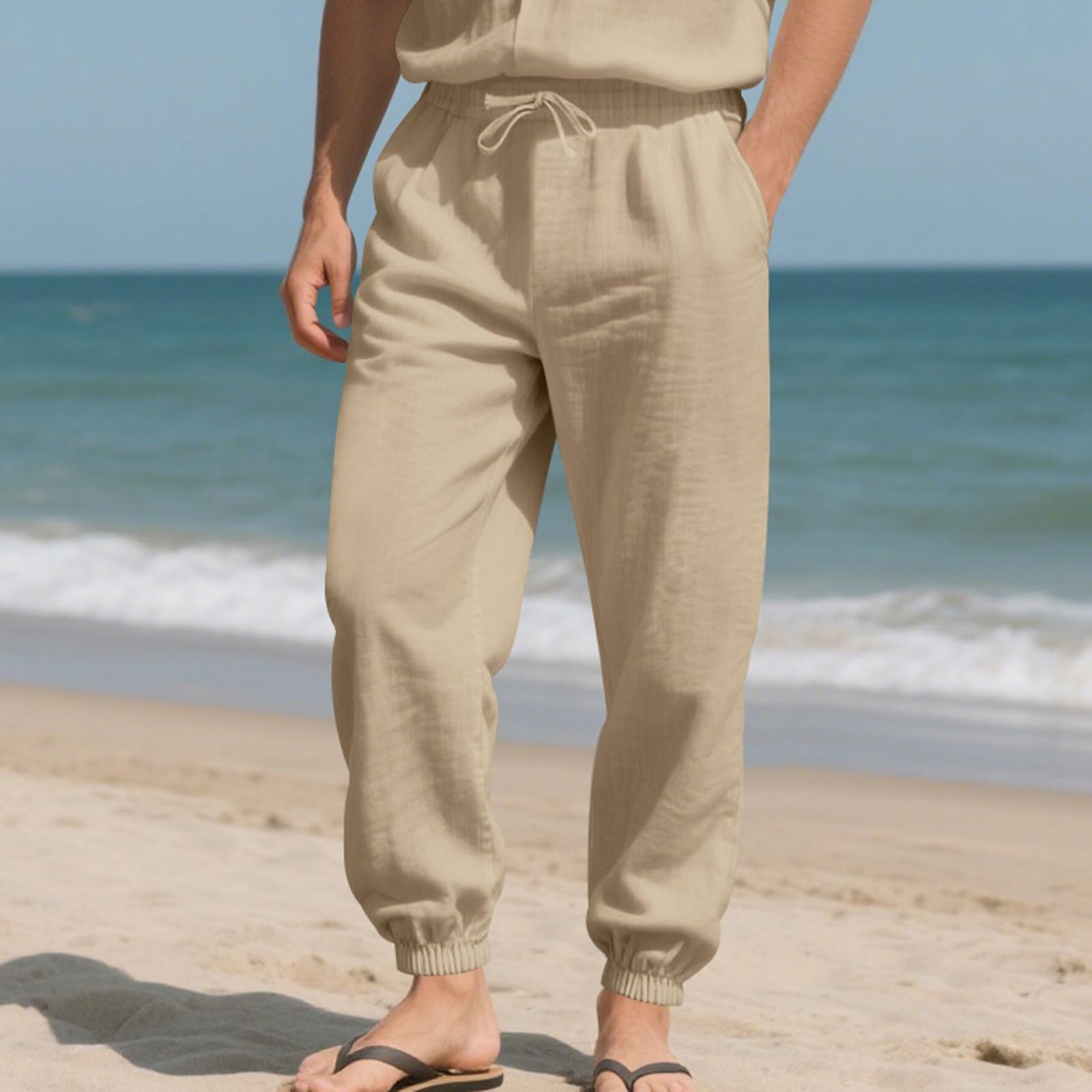 

Мужские льняные брюки для йоги, пляжа, свободного кроя, повседневные летние брюки с эластичной талией на шнурке и карманами L хаки