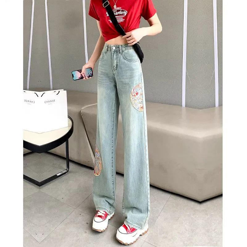 Women's 2025 Spring/Autumn High-Waist Embroidered Wide-Leg Jeans - National Style