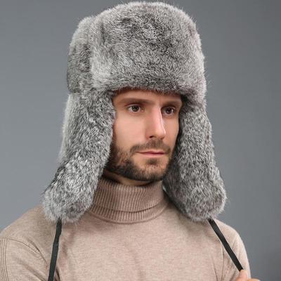 Rabbit Fur Cap Man Winter Genuine 100% Fur Bomber Hat Windproof Warm Earmuffs Male Flat Grey/Black Russian Hat Fitted Casquette