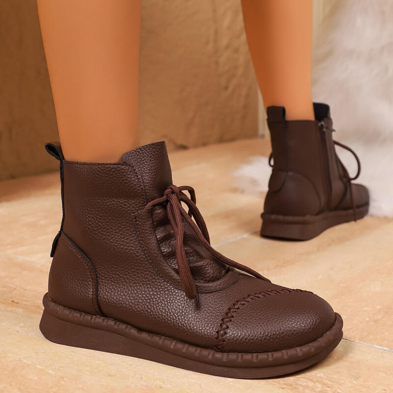 Fashion Retro Side Zip Brown Ankle Boots Women 2025 Winter Vintage Soft Sole Black Boots Comfort Light Weight Non Slip Mom's Shoes