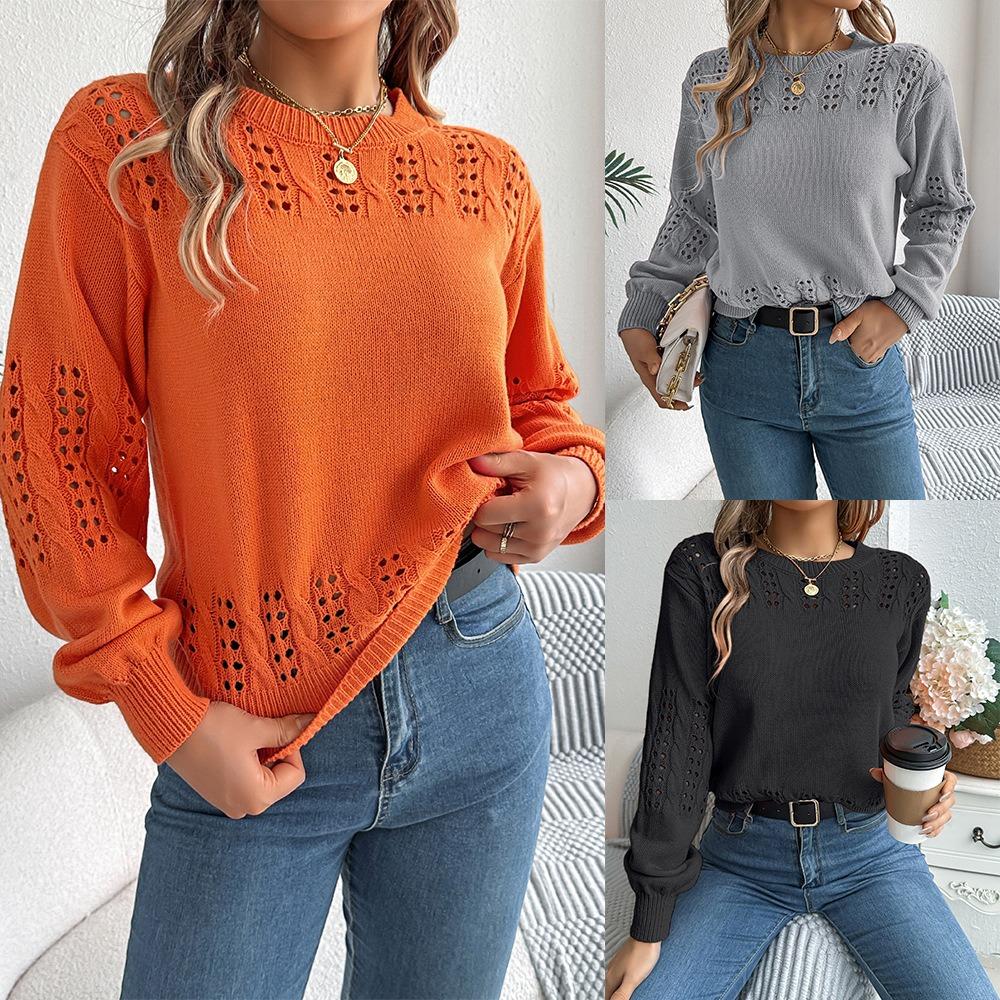 Women's Sweatshirt Casual Solid Colour Openwork Lantern Sleeve Pullover Knit Top