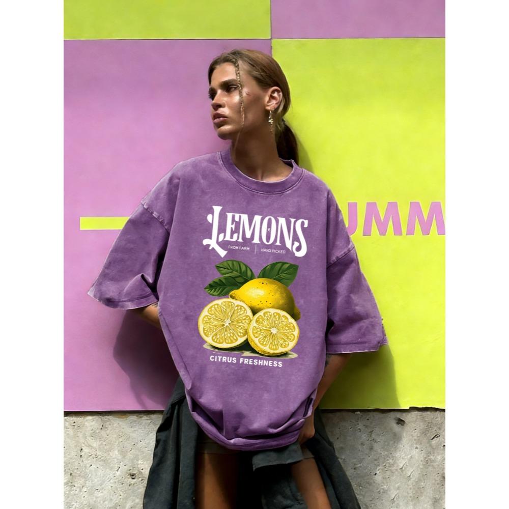 benber vintage Lemons Hand Picked Fresh From Farm Print Washed TShirt Women Casual T Shirts Cotton YK Streetwear Loose s S