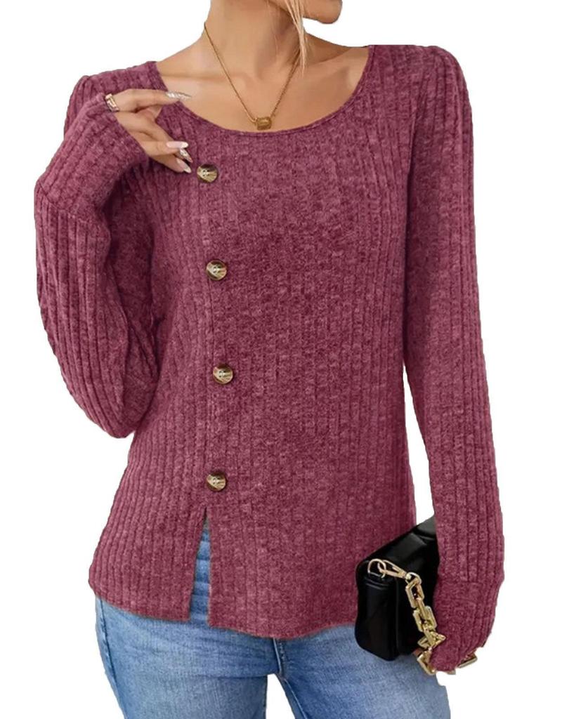 Autumn/Winter Women's Solid Color Round Neck Button Long Sleeve Loose T-Shirt