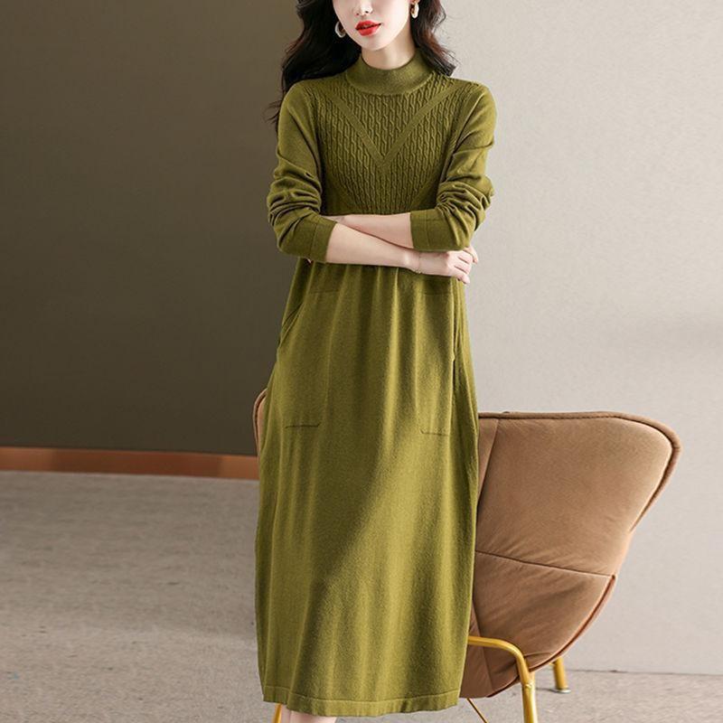 

Однотонное вязаное платье с полувысоким воротником для осенне-зимнего женского гардероба. Длина до колена, средней длины, свитер, свободное и повседневное платье-свитер. XL дубильная кора