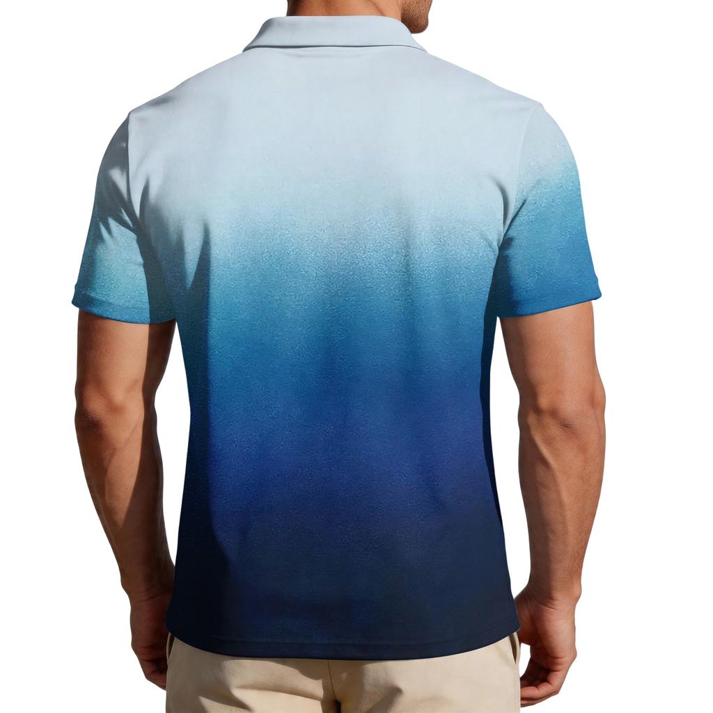Men Loose Fit Casual Gradient Print Short Sleeve T Shirt with Turn Down Collar Comfortable Soft Fabric Stylish Design